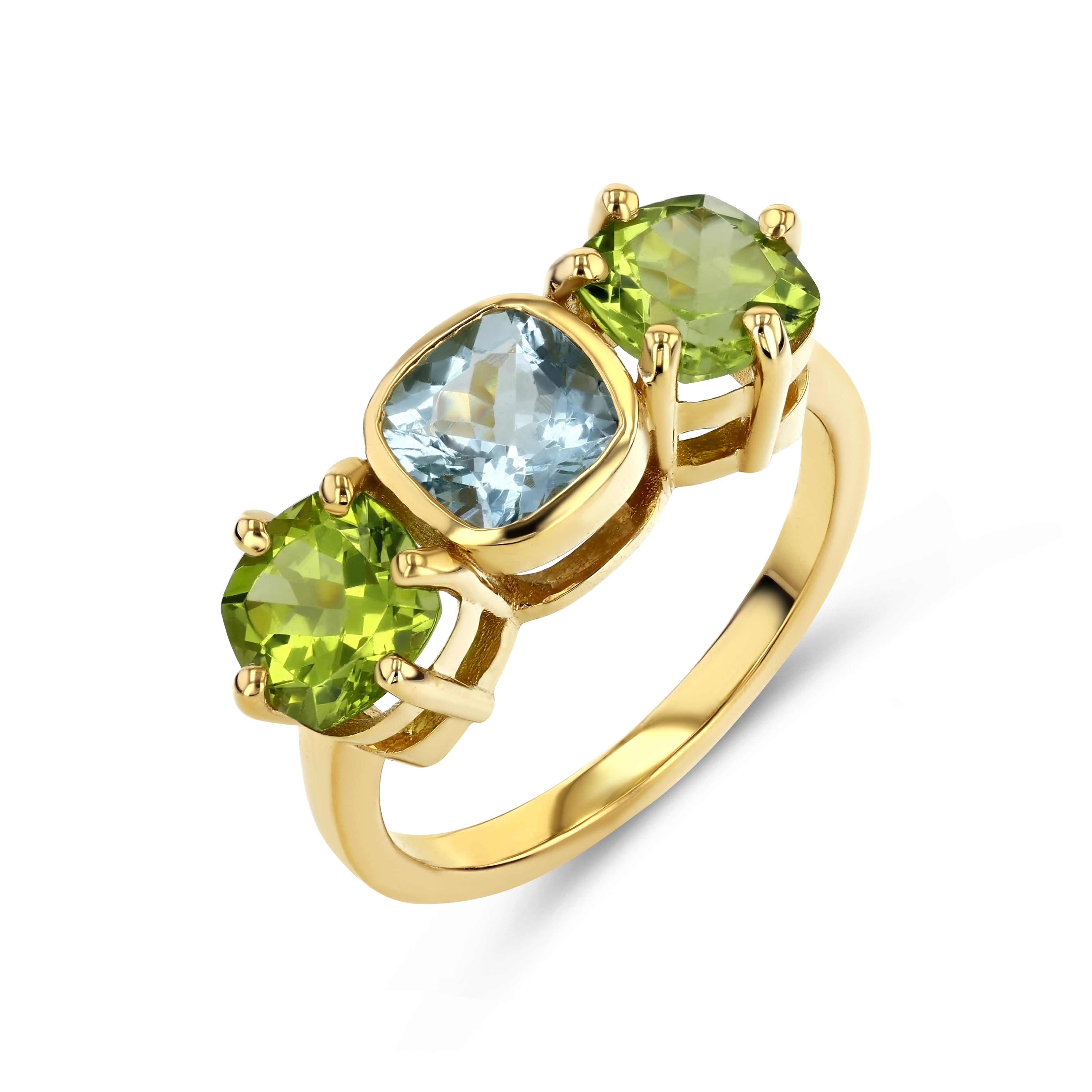 A vintage inspired ring with three colored gemstones in 14k yellow gold, featuring a central teal stone flanked by two peridot green stones.