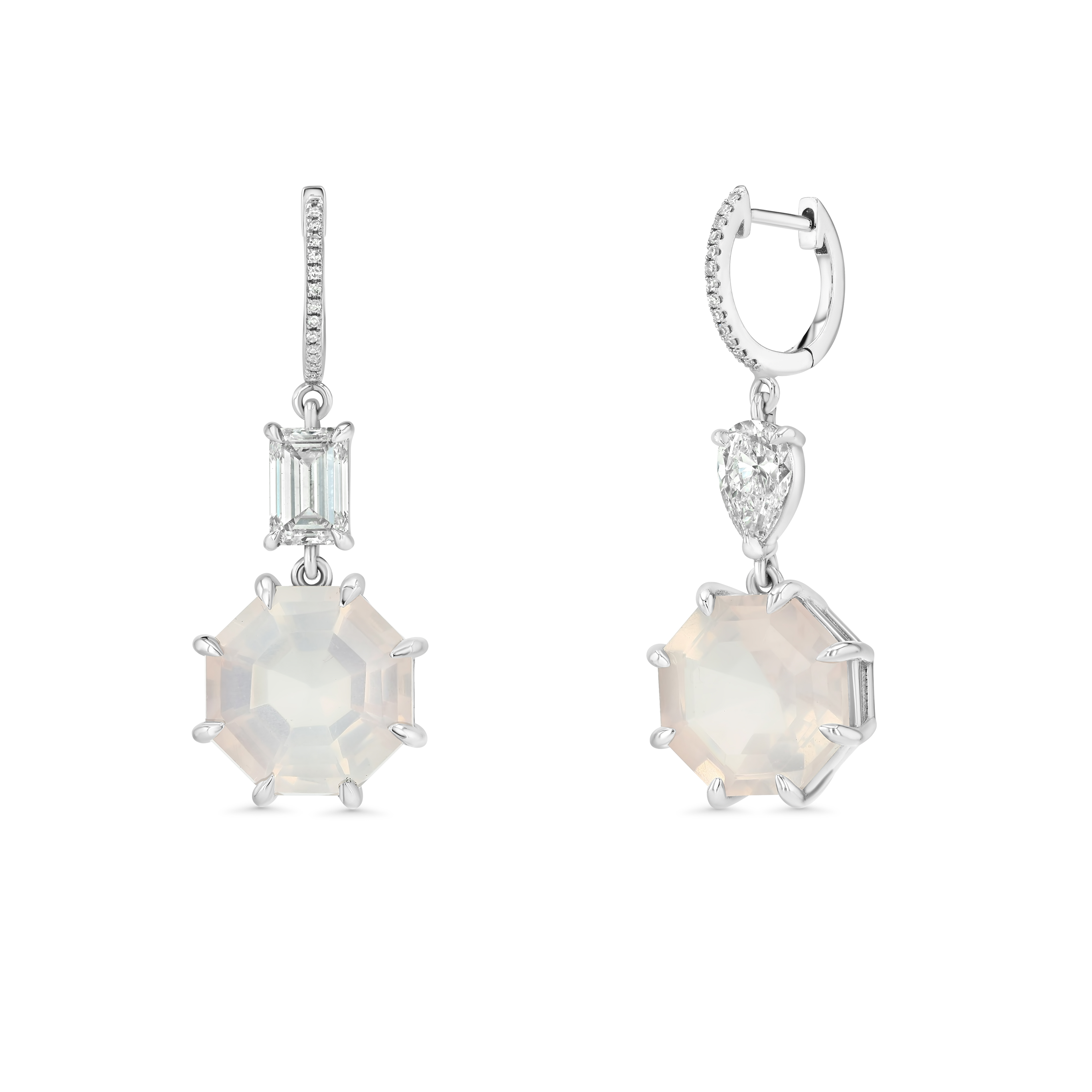 Pair of silver earrings with gemstones on a white background