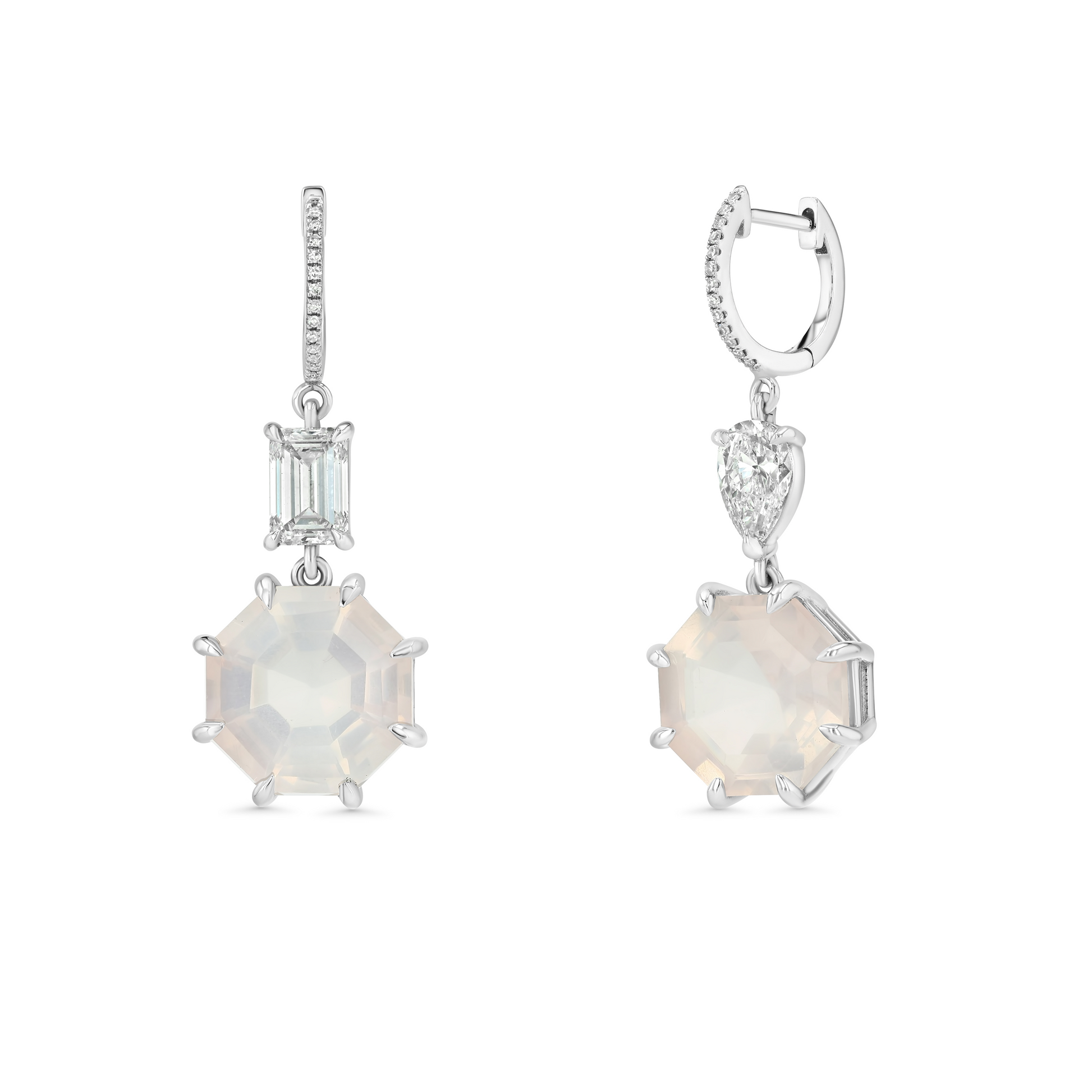 Pair of silver earrings with gemstones on a white background