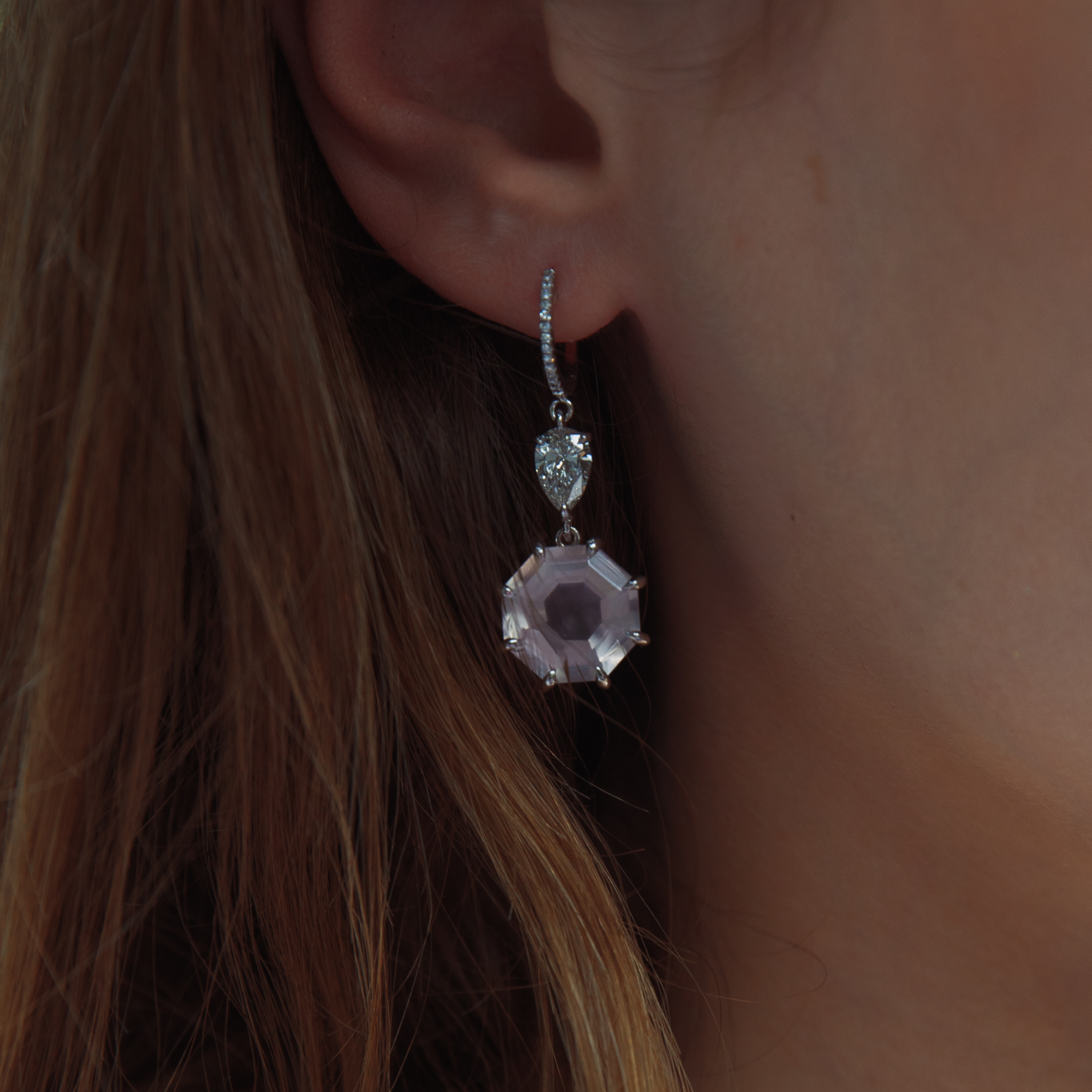 Rose Quartz & Lab Diamond Drop Earrings
