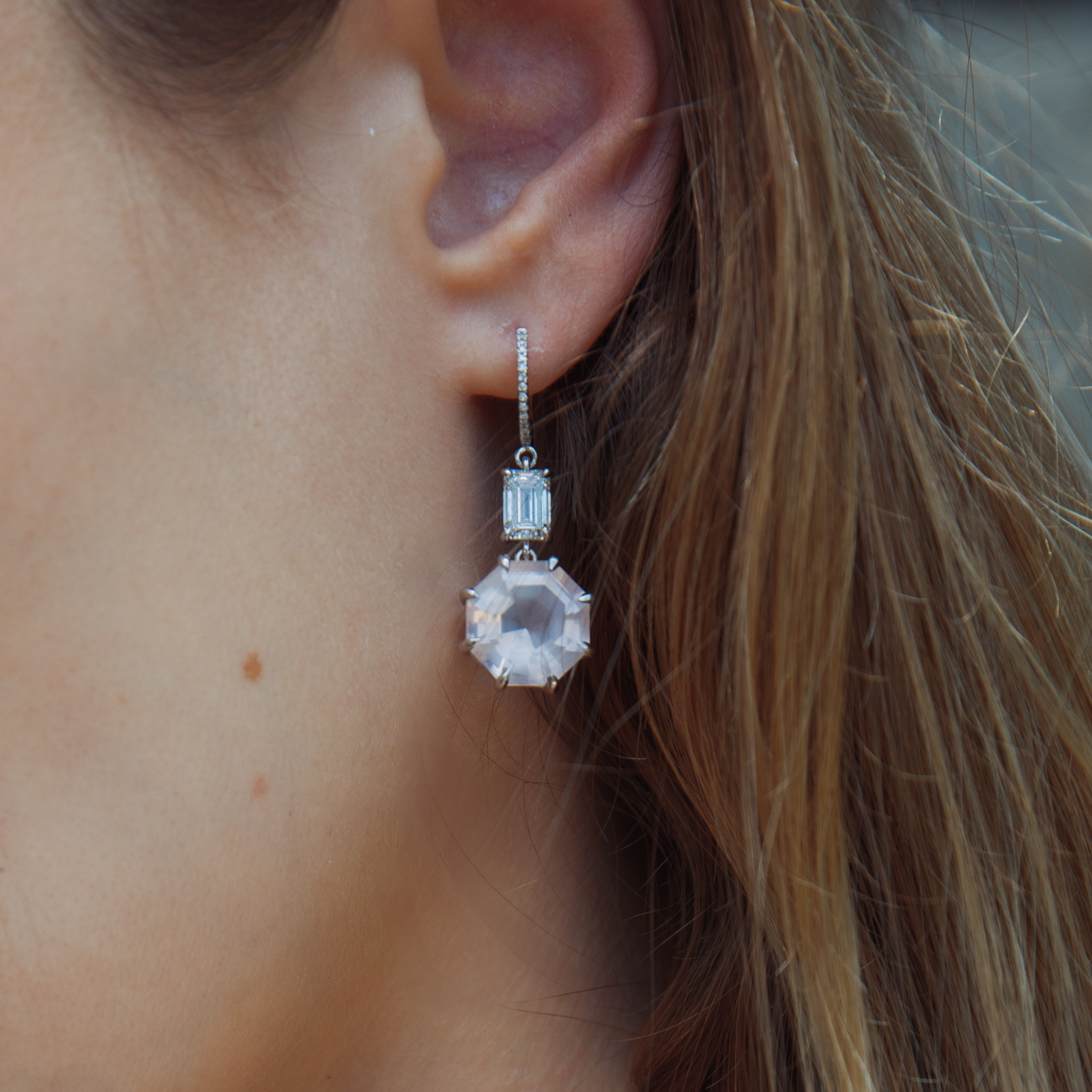 Rose Quartz & Lab Diamond Drop Earrings