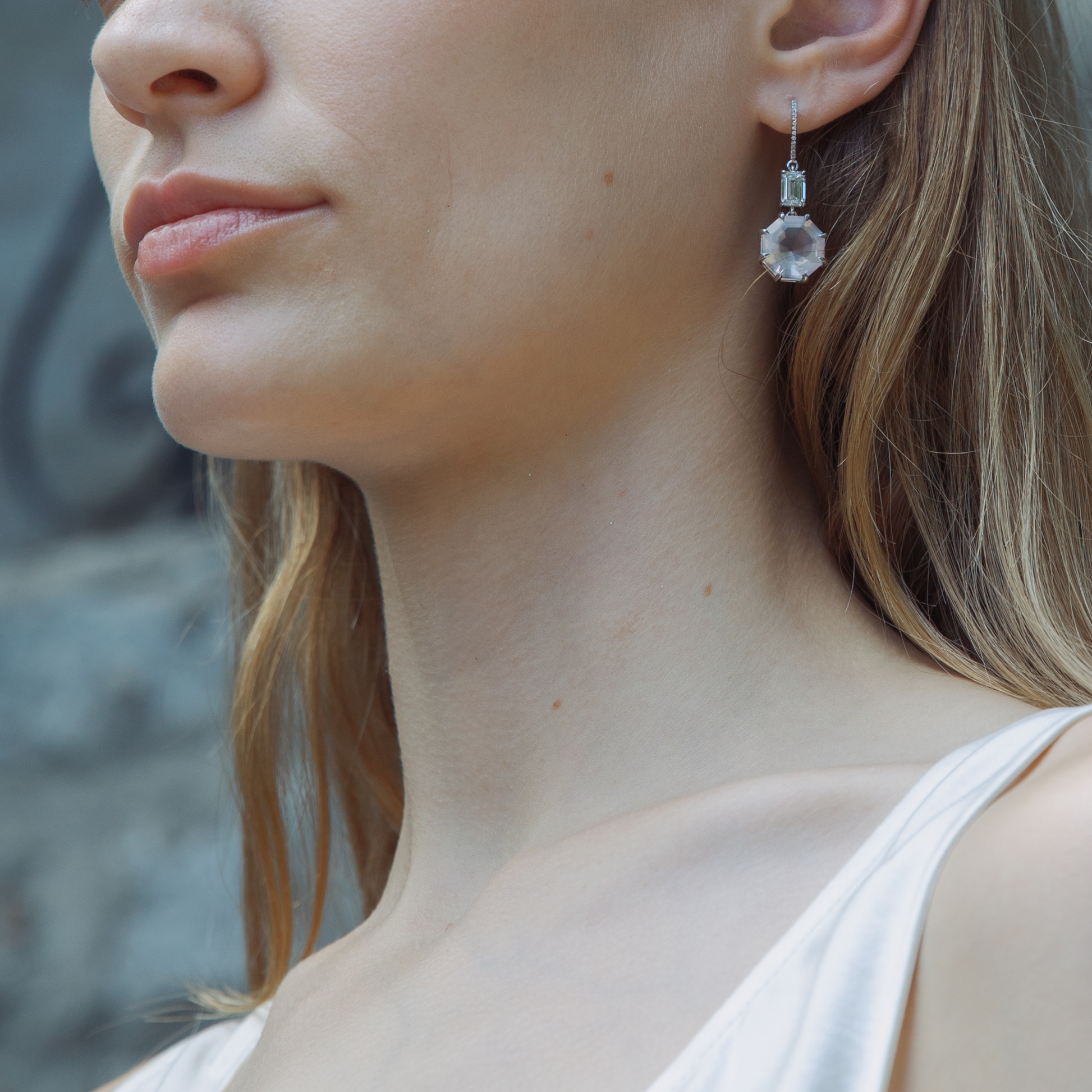 Rose Quartz & Lab Diamond Drop Earrings