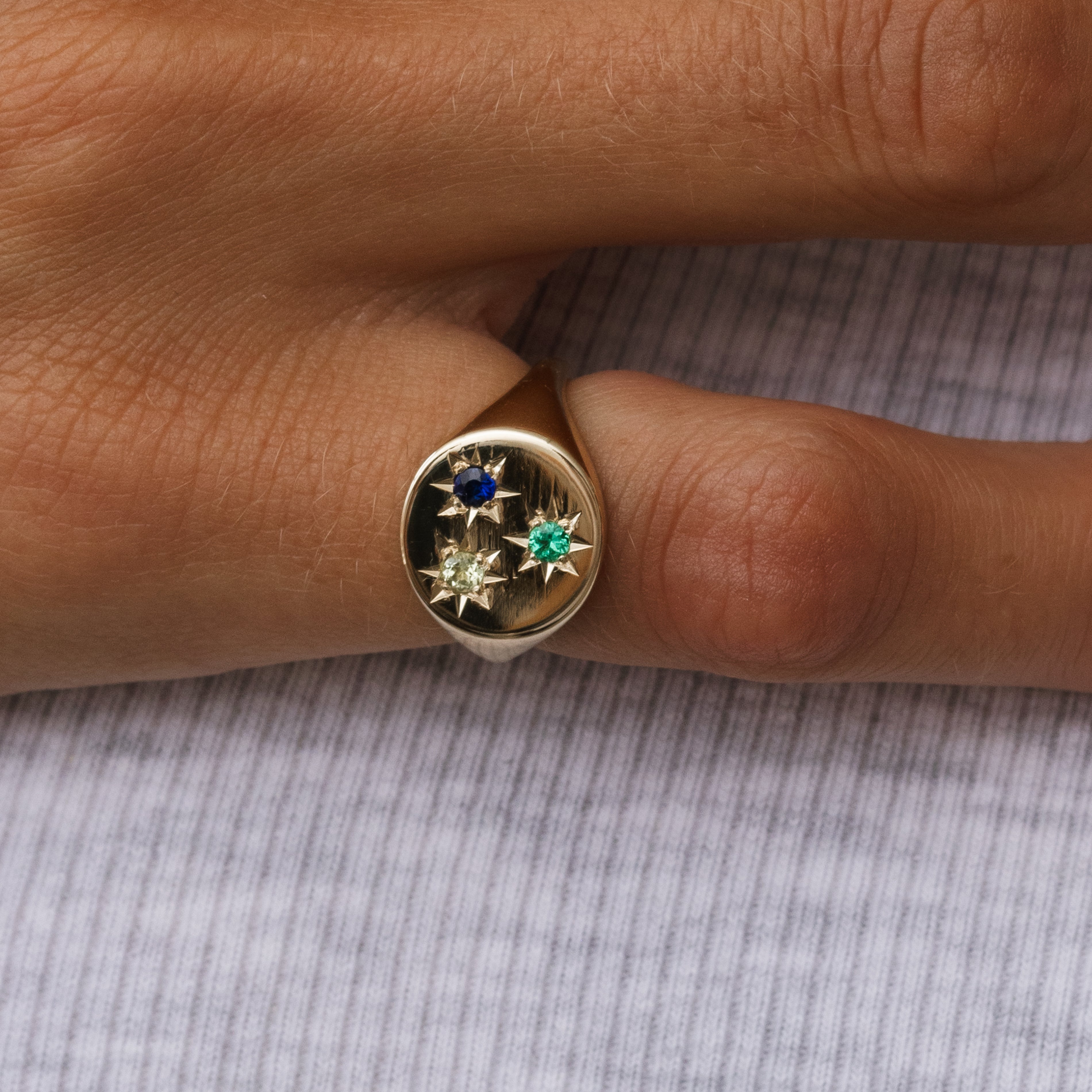 Birthstone Compass Signet Ring 3 Stones