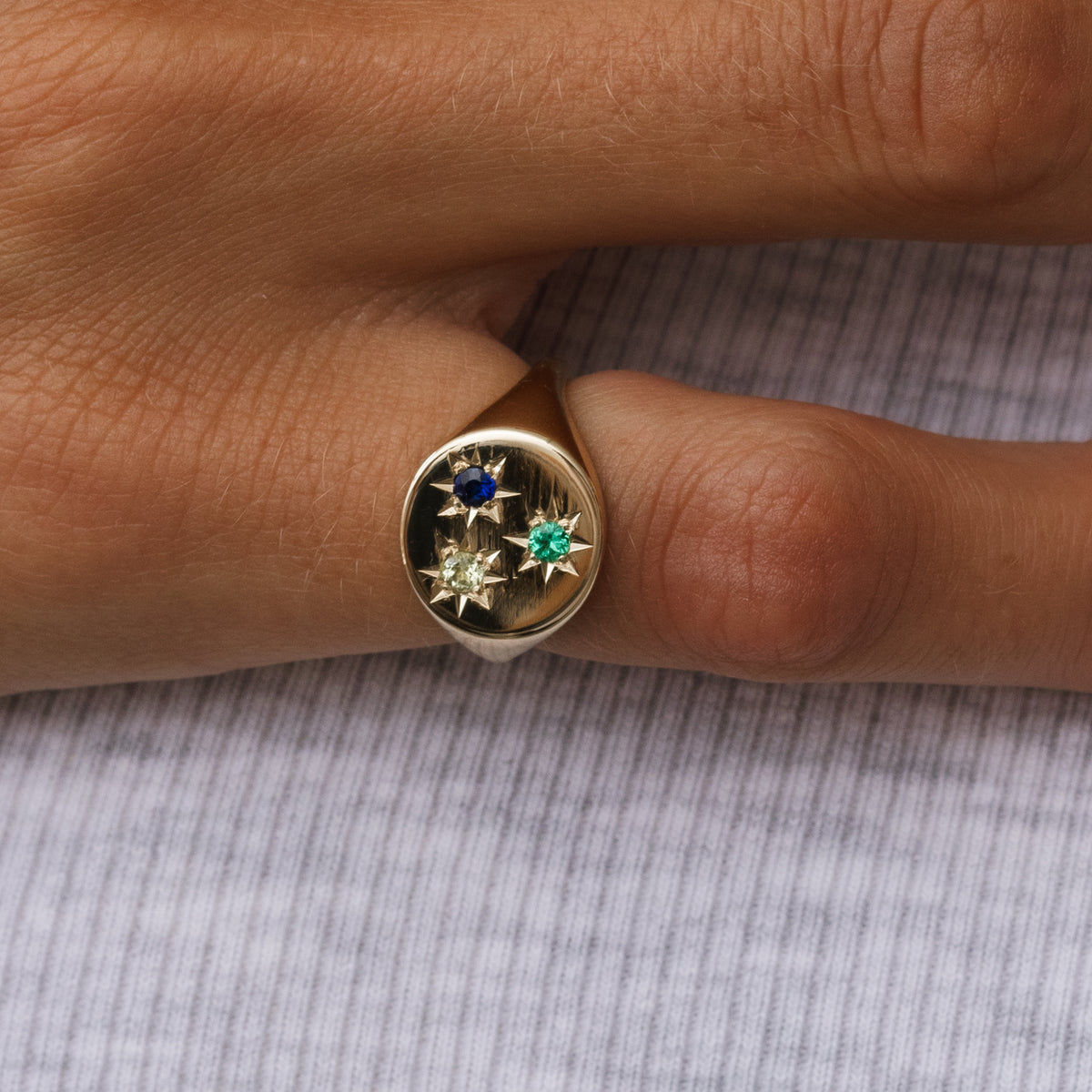 Birthstone Compass Signet Ring 3 Stones
