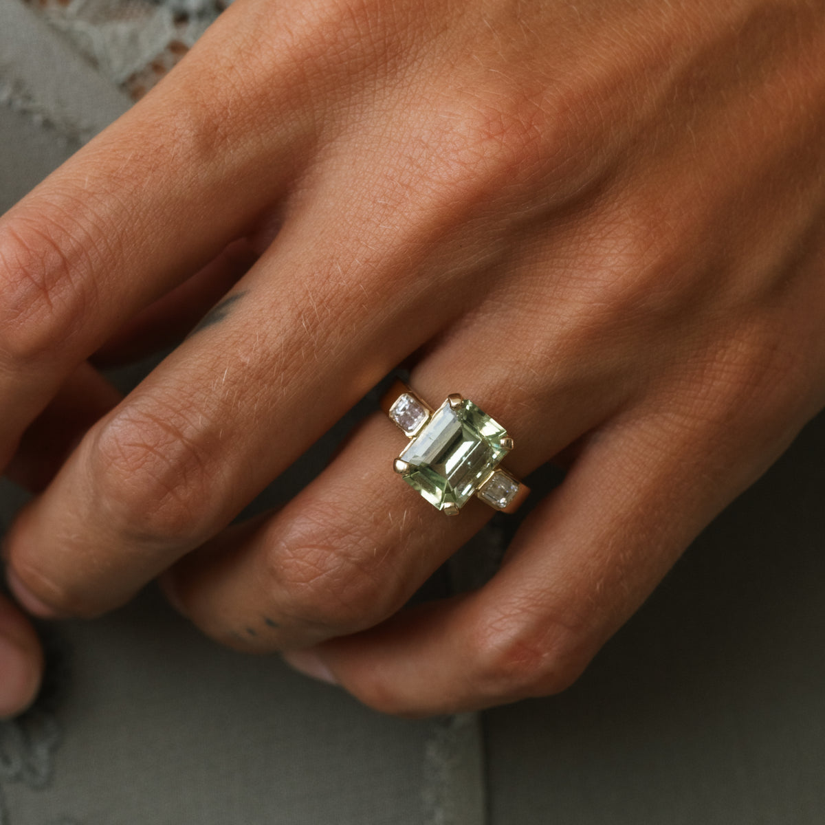 4.18ct Green Tourmaline & Diamond Three Stone Ring
