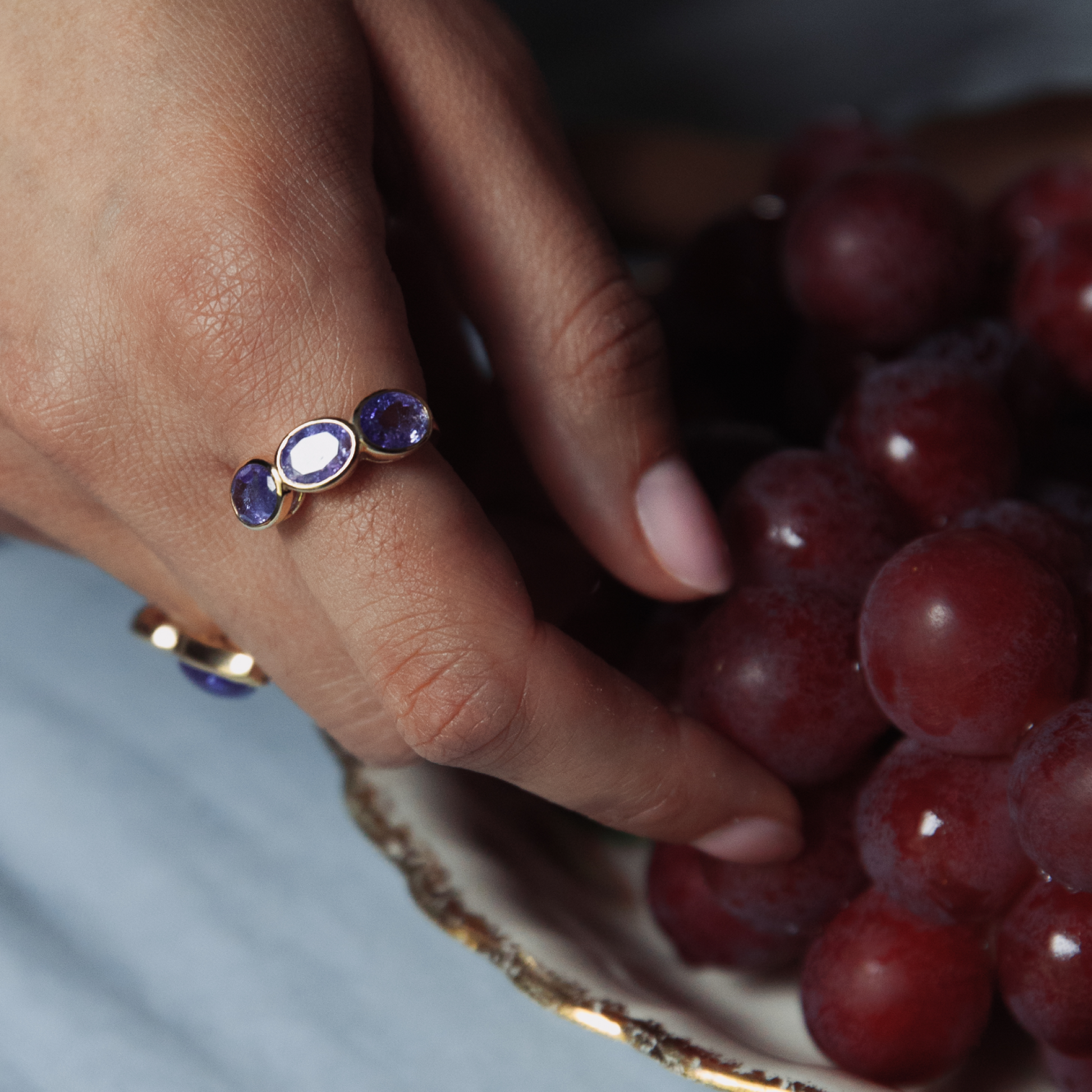 Tanzanite Three Stone Oval Bezel Ring