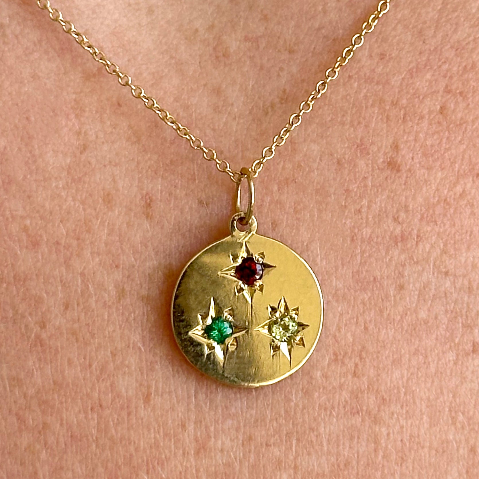 Birthstone Compass Charm 3 Stones - Ruby, Peridot, Emerald