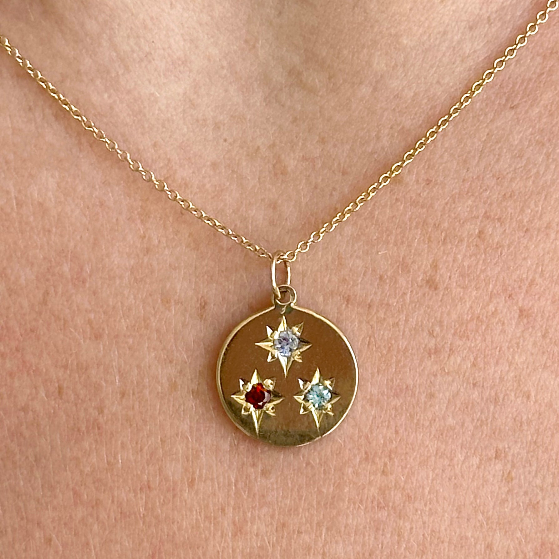 Birthstone Compass Charm 3 Stones - Tanzanite, Aquamarine, Garnet