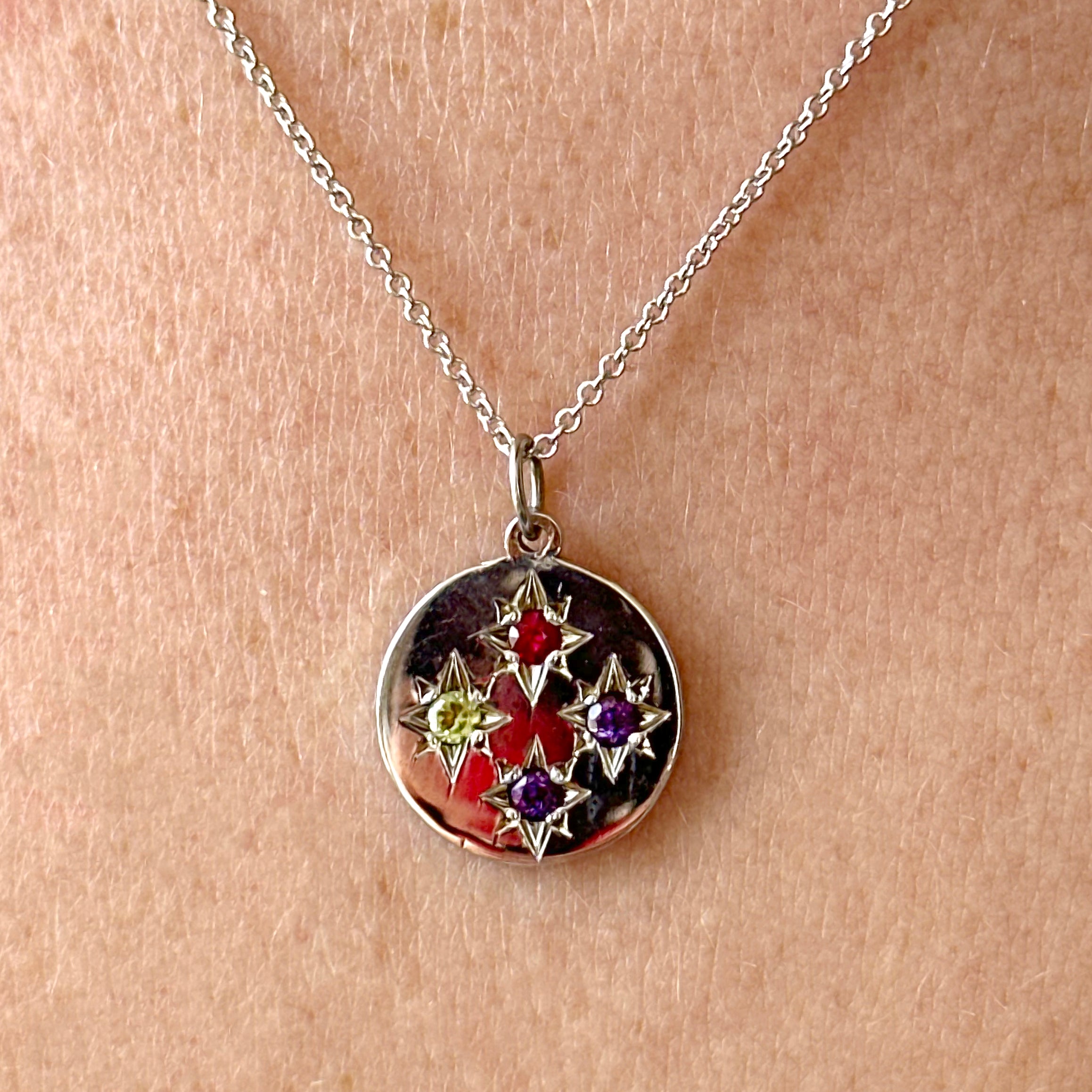 Birthstone Compass Charm 4 Stones - Ruby, Peridot, Amethyst, Amethyst