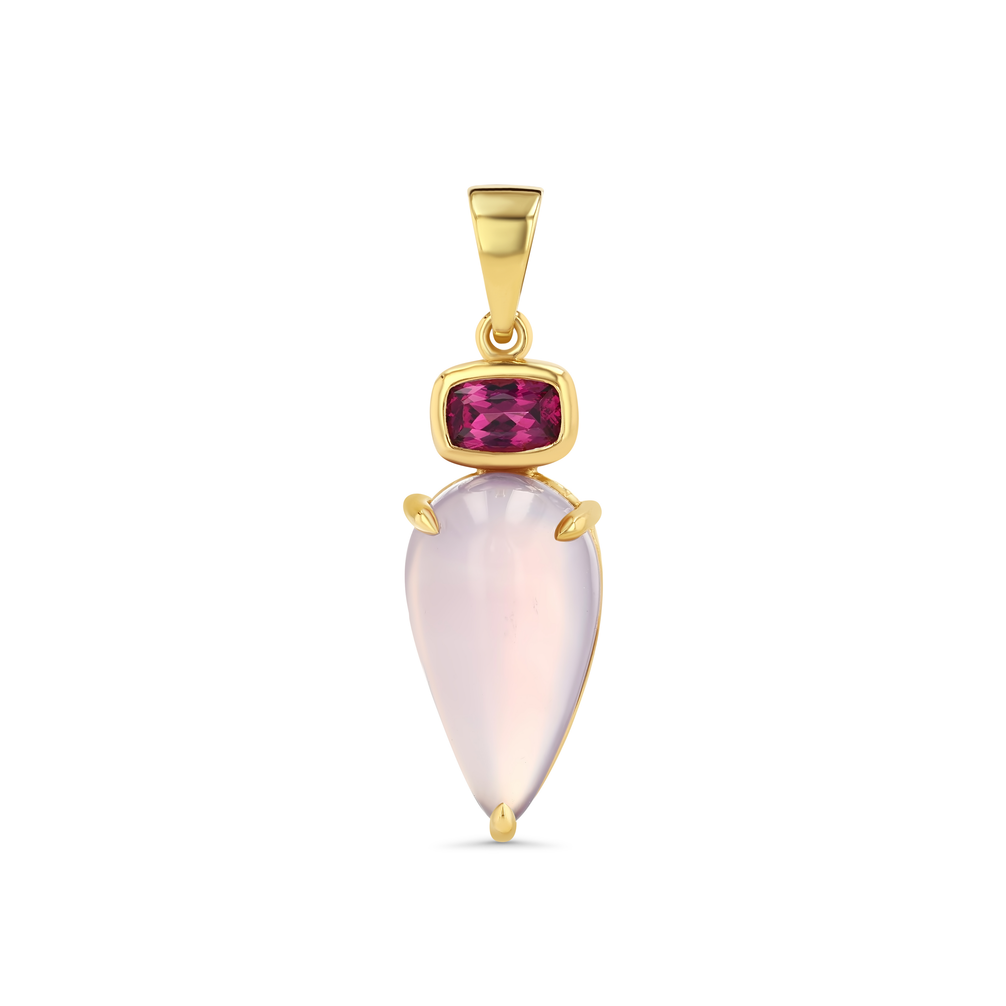 Gold pendant with pink teardrop-shaped stone and red gemstone on a white background