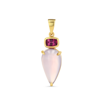 Gold pendant with pink teardrop-shaped stone and red gemstone on a white background