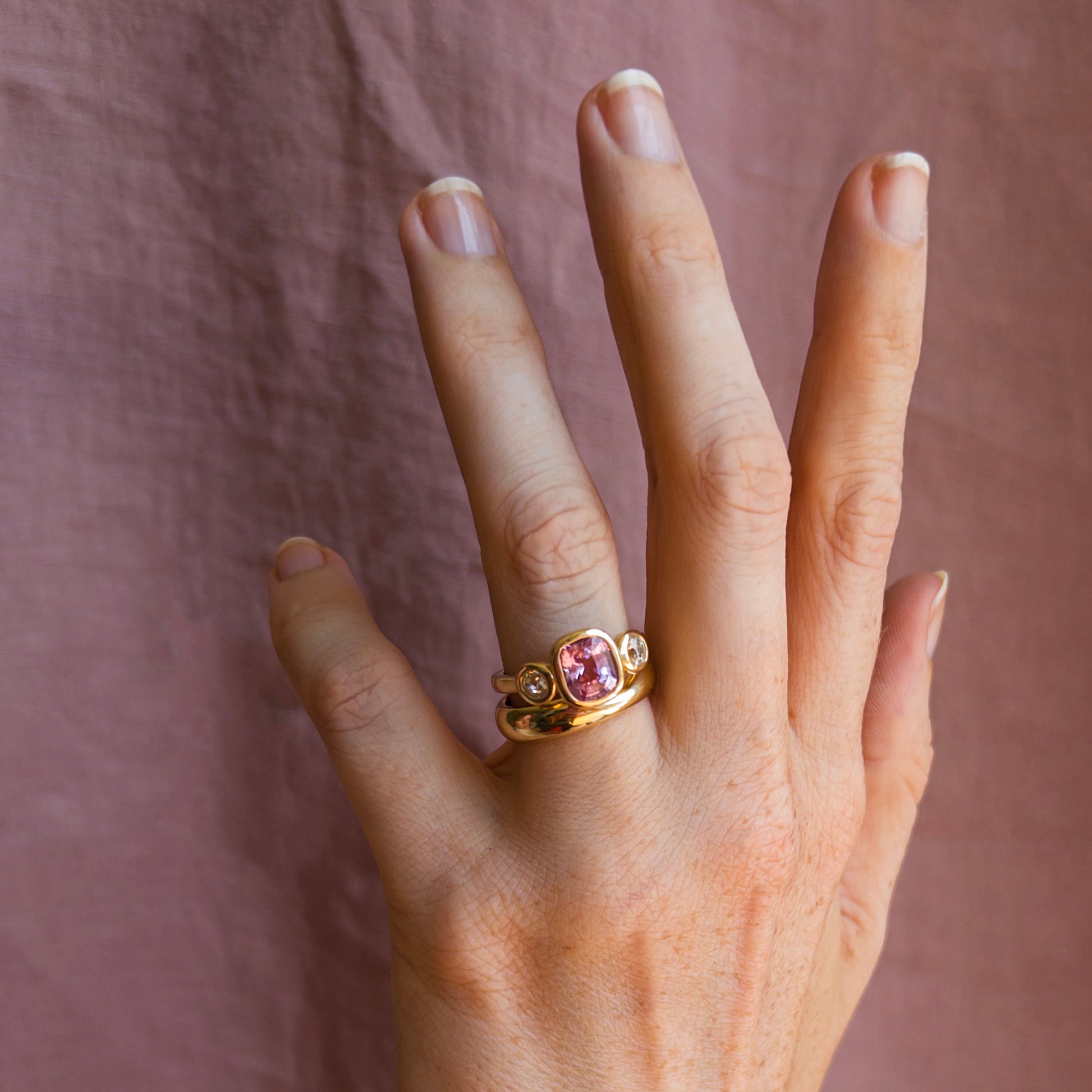 2.13ct Pink Spinel & Diamond Three Stone Bezel Ring