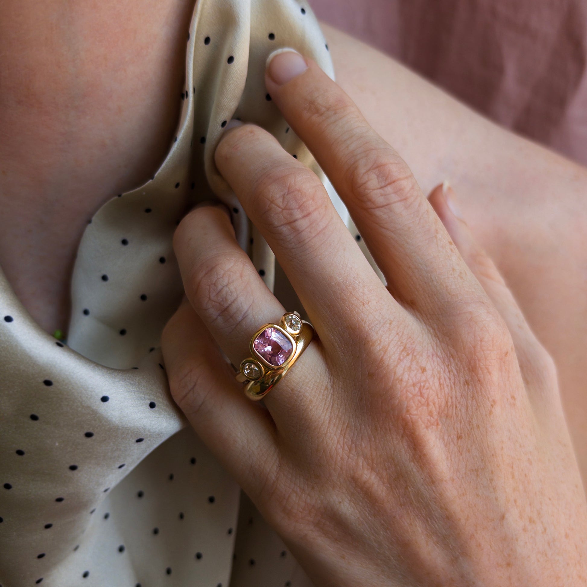 2.13ct Pink Spinel & Diamond Three Stone Bezel Ring
