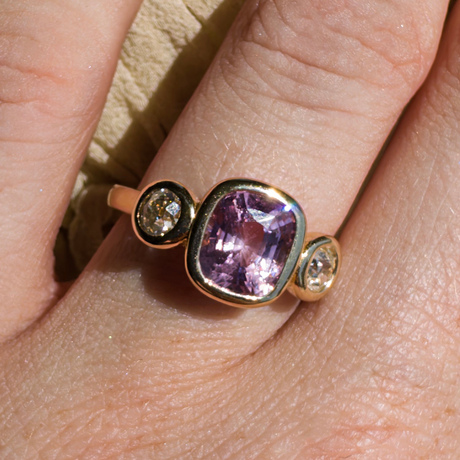 2.13ct Pink Spinel & Diamond Three Stone Bezel Ring