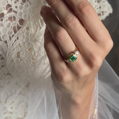 1ct Muzo Emerald and Diamond Three Stone Bezel Ring