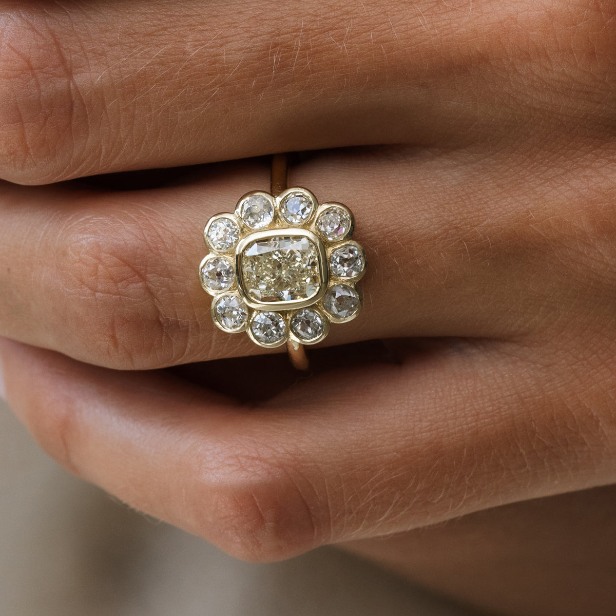 1.70ct Cushion Cut Yellow Diamond Flower Ring