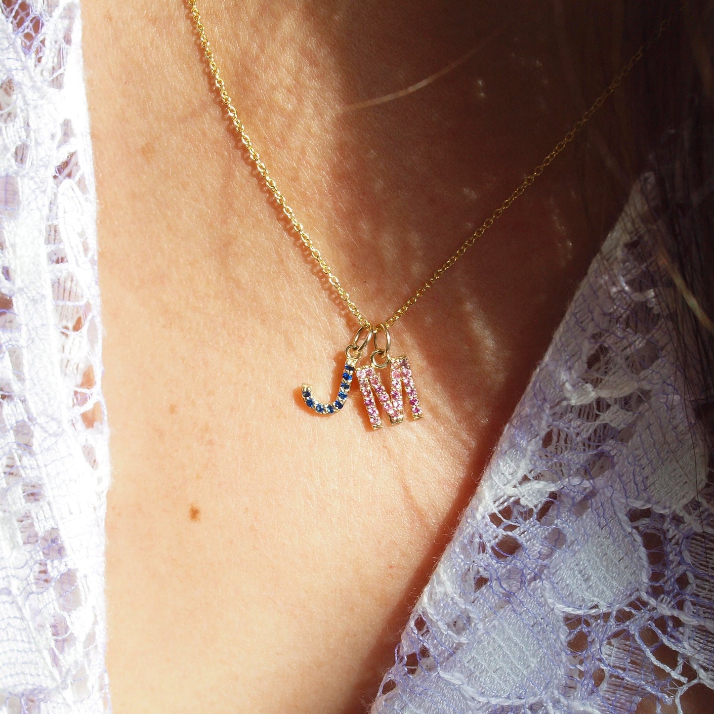 M Initial Birthstone Charm Necklace