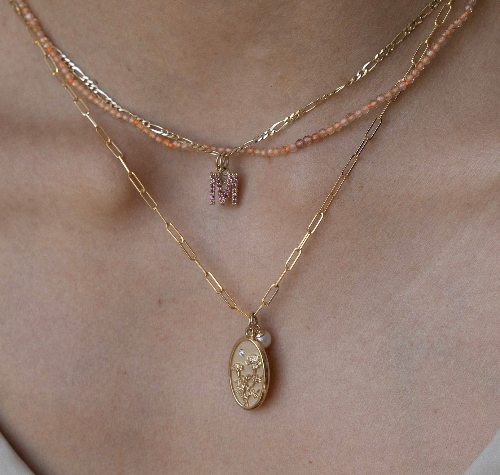 Pink Tourmaline "M" Initial Birthstone Charm