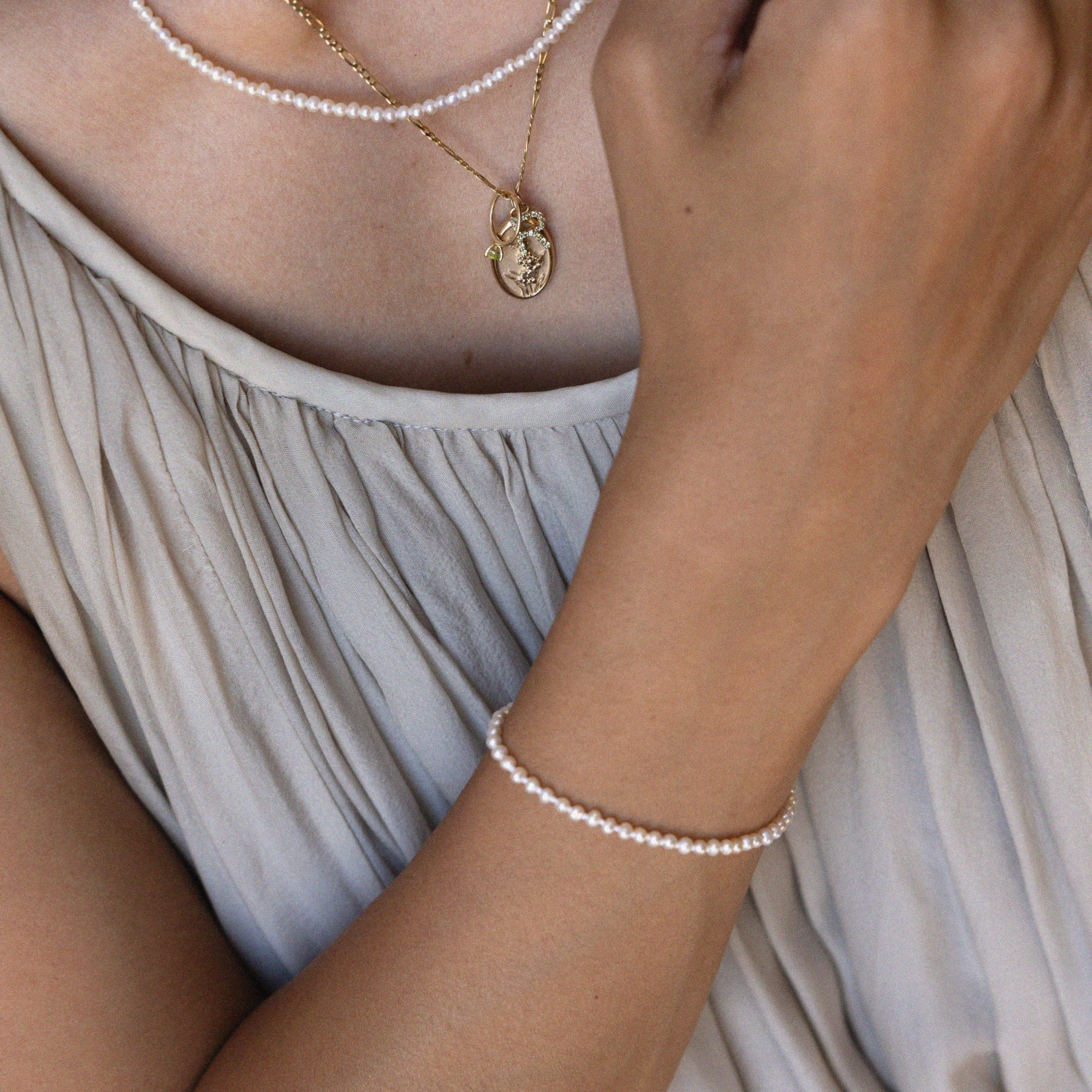 Gold Pearl Slide Stretch Charm Bangle Bracelet – Sterling Knot